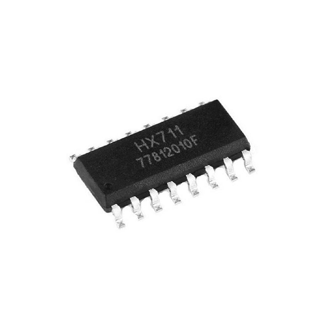 HX711 / The HX711 is a high-precision 24-bit analog-to-digital converter (ADC) developed by Avia Semiconductor, specifically designed for weigh scale and industrial control applications. It integrates a low-noise programmable gain amplifier (PGA) and a high-resolution ADC, making it ideal for directly interfacing with load cells and strain gauges.<br><br>The device features two selectable input channels, with programmable gain options of 32, 64, and 128, allowing flexible adaptation to different sensor sensitivities. Channel A supports gains of 128 or 64, while Channel B provides a fixed gain of 32 for auxiliary measurements.<br><br>The HX711 operates with a simple 2-wire serial interface (clock and data), eliminating the need for complex communication protocols and making it easy to integrate with microcontrollers such as Arduino, ESP8266, and STM32 platforms. It supports selectable output data rates of 10 SPS or 80 SPS, balancing between noise performance and speed.<br><br>The device includes an on-chip regulator and oscillator, reducing external component requirements and simplifying circuit design. It operates within a supply voltage range of 2.6V to 5.5V, making it suitable for both battery-powered and standard embedded systems.<br><br>With its high resolution, low noise, and integrated amplification, the HX711 is widely used in applications such as digital weighing scales, industrial measurement systems, force sensors, pressure measurement, and IoT-based weight monitoring systems, where accurate and stable signal conversion is essential.