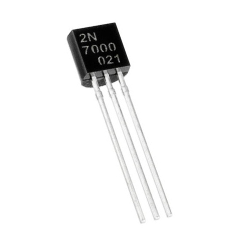 2N7000 / The 2N7000 is an N-channel enhancement-mode MOSFET designed primarily for low-power switching applications. It features a maximum drain-source voltage (VDS) of 60V, allowing it to handle moderate voltage levels. The continuous drain current (ID) is rated at 200 mA, with pulsed currents permissible up to 500 mA, making it suitable for small-load switching. It has a relatively low on-resistance (RDS(on)), typically 1.2 ohms at a gate voltage (VGS) of 10V, contributing to efficient operation with minimal power loss. The gate threshold voltage (VGS(th)) ranges from 0.8V to 3V, meaning it can be turned on with standard logic-level signals. Additionally, the input capacitance is low, around 20–50 pF, enabling fast switching speeds with minimal gate drive requirements. These features make the 2N7000 an ideal choice for digital switching, signal interfacing, and small load driving in both hobbyist and commercial circuits.