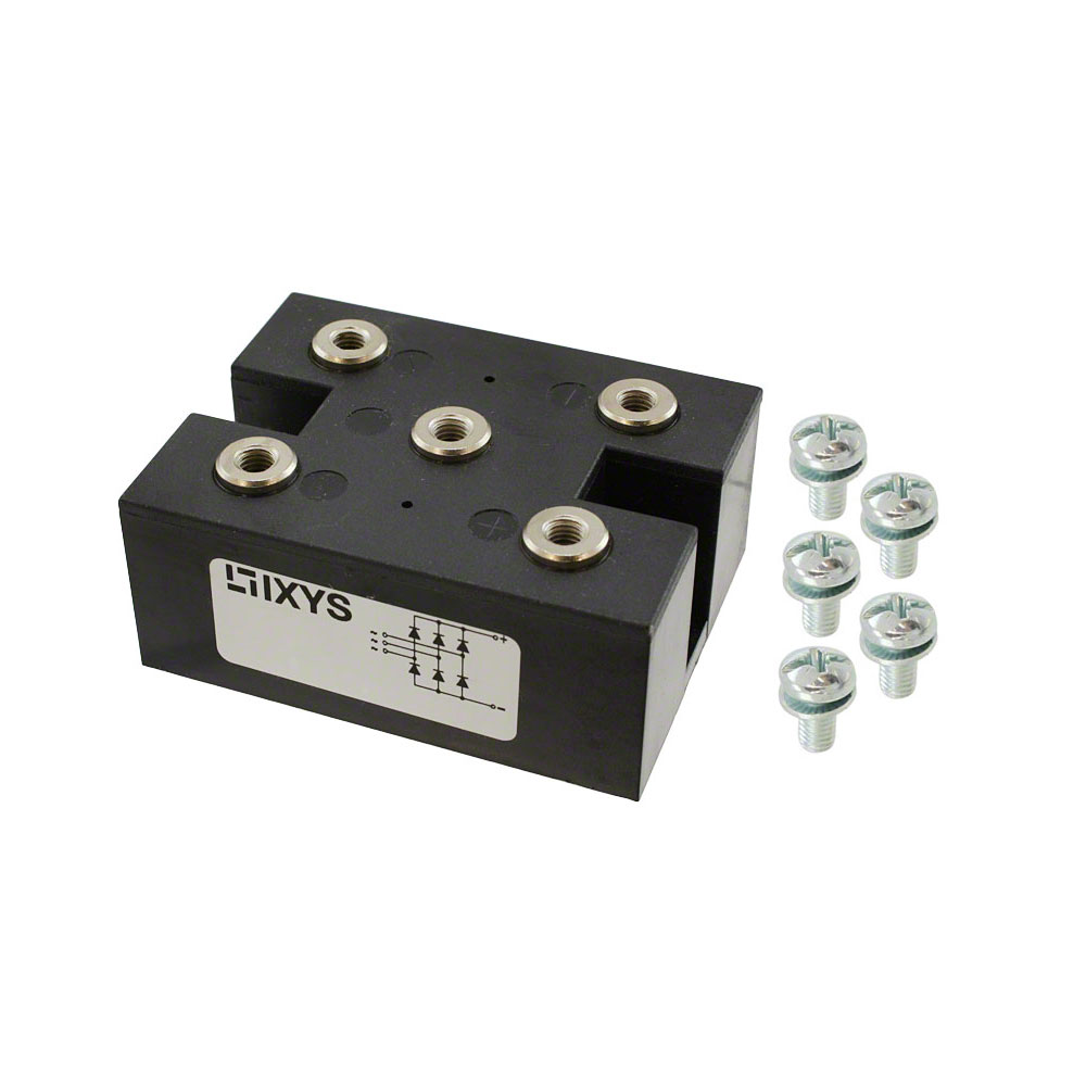 VUO125-16NO7 / The VUO125-16NO7 is a high-power three-phase bridge rectifier module designed for industrial AC-DC conversion applications. It features a peak reverse voltage (VRRM) of 1600V and an average rectified current of approximately 150A (up to 166A depending on conditions), enabling high-power operation in demanding systems . The device offers low forward voltage drop typically around 1.07–1.3V, reducing conduction losses and improving efficiency . It supports high surge current capability up to approximately 1.8kA, ensuring robustness under transient conditions . The module includes isolated baseplate construction with isolation voltage around 3000V, enhancing electrical safety . It operates over a wide junction temperature range of -40°C to +150°C and features low reverse leakage current around 200–300 µA . The PWS-C package with screw terminals allows secure mounting and efficient thermal management. This rectifier is widely used in motor drives, industrial power supplies, PWM inverter front-end rectification, and high-power DC supply systems.