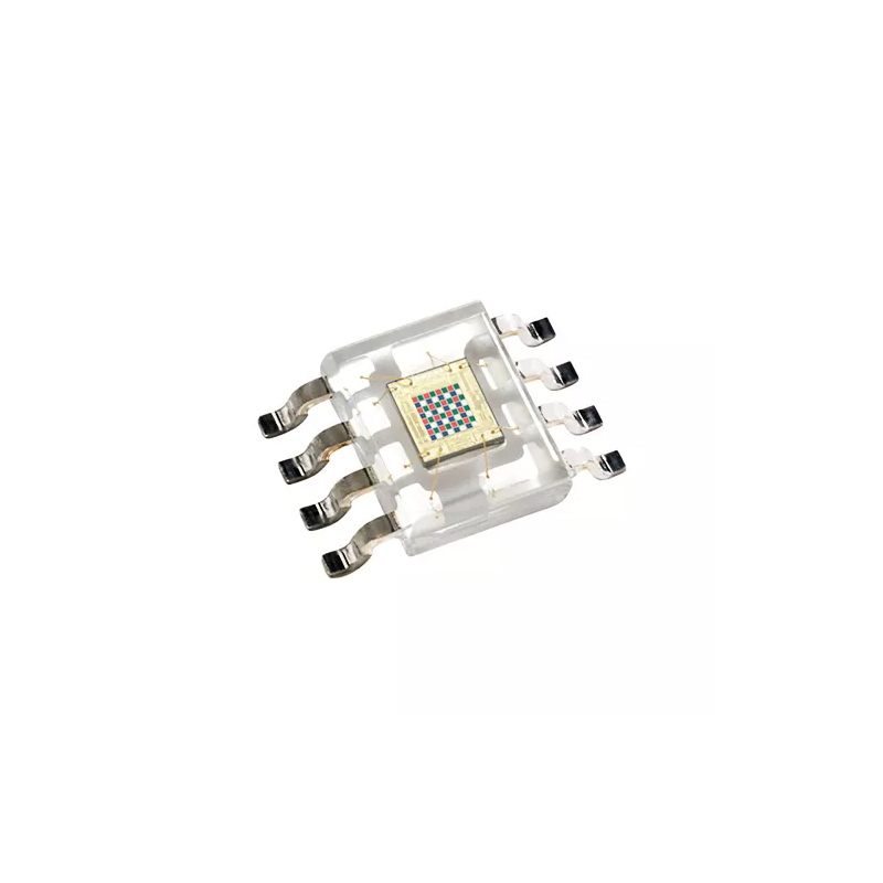 TCS3200D-TR / The TCS3200D-TR is a programmable color light-to-frequency converter developed by ams OSRAM, designed for accurate color detection and light intensity measurement in embedded systems. It integrates an array of photodiodes and a current-to-frequency converter within a single CMOS IC, enabling direct conversion of light intensity into a digital frequency output signal.<br><br>The sensor features an 8×8 photodiode array with dedicated filters for red, green, blue, and clear (no filter), allowing precise RGB color sensing. The output is a square wave whose frequency is directly proportional to the detected light intensity, making it easy to interface with microcontrollers without requiring analog-to-digital conversion.<br><br>Operating within a supply voltage range of 2.7V to 5.5V and consuming low current (typically around 2 mA), the TCS3200D-TR is suitable for low-power and portable applications. It also includes features such as output frequency scaling and auto power-down, enabling flexible performance optimization and energy efficiency.<br><br>Housed in a compact SOIC-8 surface-mount package, the TCS3200D-TR is widely used in applications such as color sorting systems, industrial automation, robotics, LED color calibration, and embedded vision systems. Its ability to provide reliable color detection with simple digital interfacing makes it a popular choice for both industrial and educational electronics projects.
