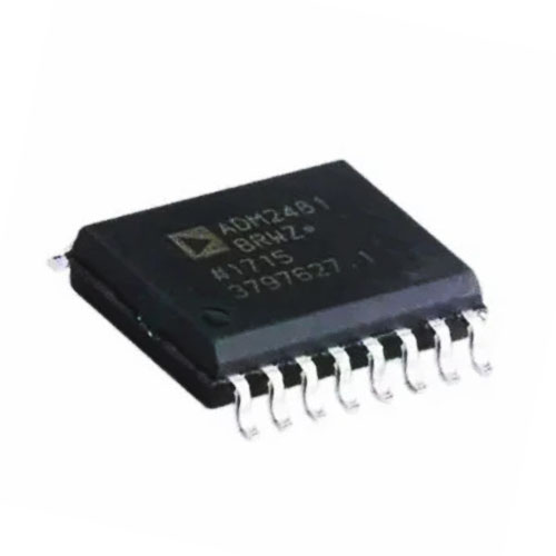 ADM2481BRWZ-RL7 / The ADM2481BRWZ-RL7 is a half-duplex isolated RS-485/RS-422 transceiver utilizing iCoupler® magnetic isolation technology, providing galvanic isolation up to 2500 Vrms. It supports data rates up to 500 kbps and operates with supply voltages from 3.0V to 5.5V on the logic side and typically 5V on the bus side. The device integrates one driver and one receiver with differential I/O, featuring slew-rate limited outputs to reduce EMI and reflections. It offers high common-mode transient immunity of at least 25 kV/µs and input impedance around 96 kΩ, allowing up to 256 nodes on the bus. The transceiver includes fail-safe receiver operation, low propagation delay (~250 ns), and ESD protection (±2 kV HBM). Operating temperature range is -40°C to +85°C, and the wide-body SOIC-16 package ensures compliance with isolation spacing requirements, making it suitable for industrial communication, building automation, and isolated fieldbus systems.