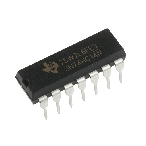 SN74HC14N / The SN74HC14N is a hex Schmitt-trigger inverter designed for high-speed CMOS logic applications. It operates with a supply voltage range of 2 V to 6 V and integrates six independent inverting gates with Schmitt-trigger inputs in a single package. The Schmitt-trigger input provides hysteresis, allowing the device to cleanly convert slow or noisy input signals into fast, stable digital outputs. The device offers low power consumption typical of HC logic families and supports high switching speeds suitable for digital signal conditioning. The SN74HC14N is widely used for waveform shaping, oscillator circuits, switch debouncing, signal buffering, and general digital logic applications in microcontroller-based systems.