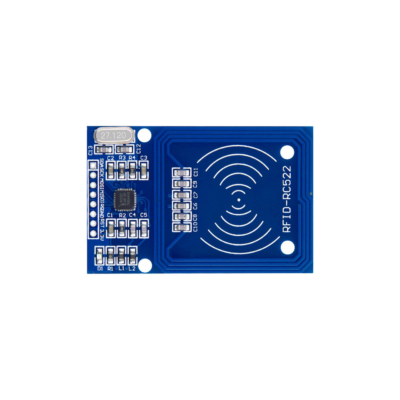 MFRC522-MOD / The MFRC522 Module is a compact and widely used 13.56 MHz RFID/NFC reader module based on the MFRC522 chip from NXP Semiconductors. It is designed for easy integration into embedded systems, providing a complete contactless communication solution with minimal external components.<br><br>This module supports ISO/IEC 14443 Type A and MIFARE® protocols, allowing it to read and write various contactless smart cards and RFID tags such as MIFARE Classic, Ultralight, and other compatible cards. It is commonly used for identification, authentication, and access control applications.<br><br>The MFRC522 module communicates via a SPI interface, ensuring fast and reliable data exchange with microcontrollers such as Arduino, ESP8266, ESP32, Raspberry Pi, and STM32 platforms. It typically operates at 3.3V logic levels, making it suitable for low-voltage embedded systems.<br><br>The module includes an onboard antenna, crystal oscillator, and passive components, simplifying hardware design. It supports data transfer rates up to 848 kbps and offers a typical reading distance of up to 3–5 cm, depending on antenna design and tag type.<br><br>With its small PCB form factor and standard pin header interface, the MFRC522 module is easy to use in prototyping and production environments. It is widely used in applications such as access control systems, attendance tracking, contactless payment prototypes, IoT security, smart locks, and RFID-based identification systems.
