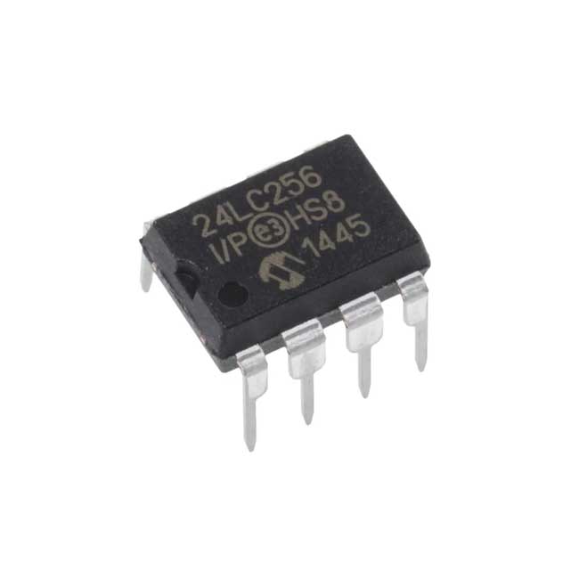 24LC256-I/P / The 24LC256-I/P is a 256 Kbit (32K × 8) serial EEPROM memory designed for non-volatile data storage applications. It operates with a supply voltage range of approximately 2.5 V to 5.5 V and communicates via a standard I²C (2-wire) interface with clock speeds up to 400 kHz.<br><br> 
The device features a 64-byte page write buffer, allowing efficient data writing, and supports both random and sequential read operations. It includes hardware write-protect functionality and supports up to 1 million erase/write cycles with long data retention.
<br><br>
With low power consumption (microamp-level standby current) and the ability to cascade multiple devices on the same bus, it is widely used in microcontroller systems, data logging, configuration storage, industrial electronics, and embedded applications requiring reliable non-volatile memory.