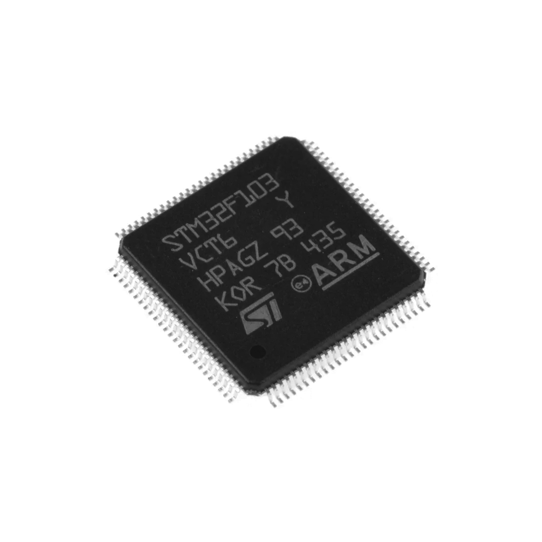 STM32F103VCT6 / The STM32F103VCT6 is a high-performance <strong>32-bit microcontroller</strong> developed by <strong>STMicroelectronics</strong>, based on the efficient <strong>ARM Cortex-M3 core</strong>, operating at clock speeds up to <strong>72 MHz</strong>. It is part of the STM32F1 performance line, designed for a wide range of embedded and industrial applications. <br><br>This device integrates <strong>256KB of Flash memory</strong> and <strong>48KB of SRAM</strong>, providing sufficient resources for complex firmware and real-time processing tasks. Its architecture supports fast execution and efficient interrupt handling for responsive system control. <br><br>The STM32F103VCT6 operates within a <strong>2.0V to 3.6V supply voltage range</strong> and includes multiple low-power modes such as sleep, stop, and standby, making it suitable for energy-efficient designs. <br><br>It features a rich set of integrated peripherals including <strong>3× 12-bit ADCs, 2× 12-bit DACs, multiple timers, DMA controller, and communication interfaces such as I2C, SPI, USART, USB, CAN, and SDIO</strong>, enabling flexible system integration and connectivity. <br><br>With up to <strong>80 general-purpose I/O pins</strong> and advanced control features like <strong>watchdog timers, CRC unit, and debug interfaces (JTAG/SWD)</strong>, the device supports complex and scalable embedded designs. <br><br>The microcontroller is designed to operate over a wide <strong>temperature range of -40°C to +85°C</strong>, ensuring reliable performance in industrial environments. <br><br>Encapsulated in a compact <strong>100-pin LQFP surface-mount package</strong>, the STM32F103VCT6 is suitable for high-density PCB layouts while maintaining strong electrical performance. <br><br>The <strong>STM32F103VCT6</strong> is widely used in <strong>industrial automation, motor control, communication systems, IoT devices, consumer electronics, and embedded control applications</strong>, where performance, flexibility, and reliability are essential.