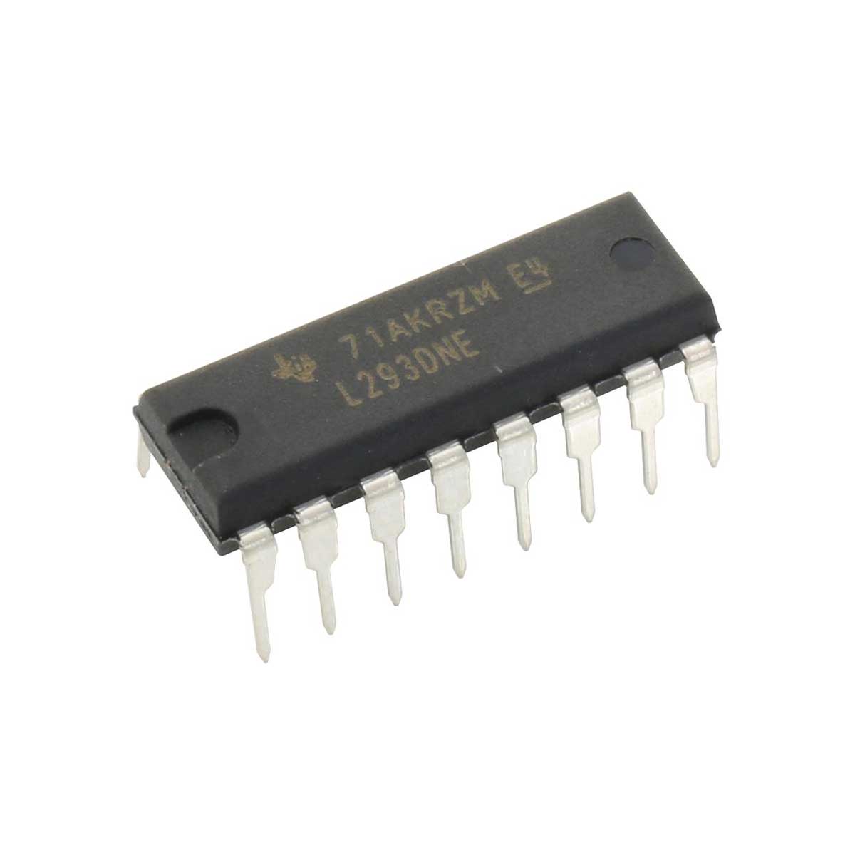 L293DNE / The L293DNE is a quadruple high-current half-H driver designed to drive inductive loads such as relays, solenoids, DC motors, and stepper motors. It operates with a logic supply voltage of 4.5 V to 5.5 V and a motor supply voltage up to 36 V. The device integrates two full H-bridge drivers, allowing bidirectional control of two DC motors or one stepper motor. Each channel can deliver up to 600 mA continuous output current (1.2 A peak) and includes internal clamp diodes for inductive load protection. The L293DNE features TTL-compatible inputs, enable pins for motor control, and thermal shutdown protection. It is widely used in robotics, motor control circuits, and embedded systems requiring reliable dual H-bridge motor driving capability.