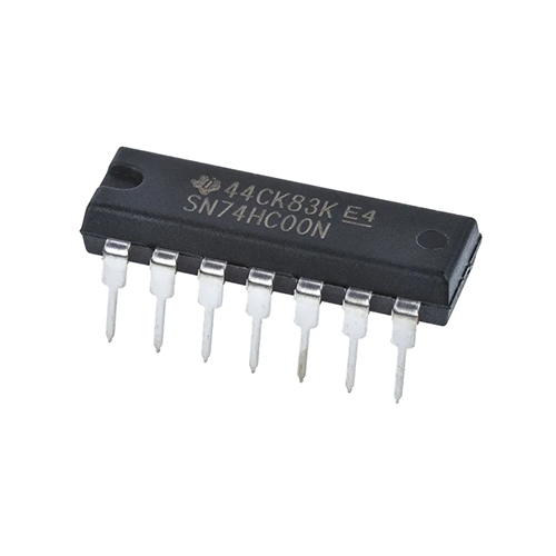 SN74HC00N / The SN74HC00N is a high-speed CMOS logic device that contains four independent 2-input NAND gates in a single package. It operates with a supply voltage range of 2 V to 6 V and provides CMOS-compatible inputs and outputs with low static power consumption. The device offers fast propagation delay and high noise immunity typical of the HC logic family, enabling reliable operation in digital systems. Each gate can drive standard CMOS loads and supports high-speed switching suitable for combinational logic, signal control, and digital processing circuits. The SN74HC00N is commonly used in logic control circuits, waveform generation, timing networks, and general-purpose digital electronics applications.