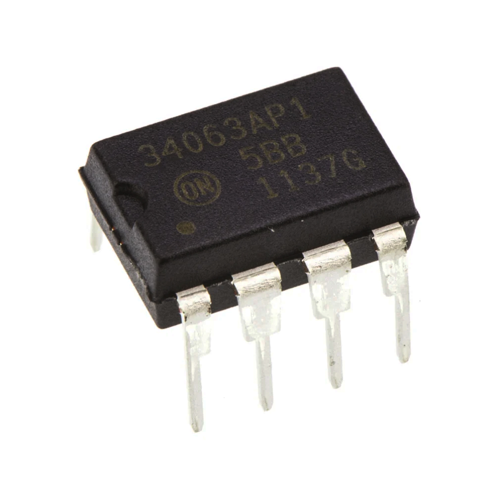 MC34063AP1G / The MC34063AP1G is a versatile monolithic DC-DC switching regulator controller developed by onsemi for step-down (buck), step-up (boost), and voltage-inverting converter applications. It operates with an input voltage range from 3 V to 40 V and integrates key functions required for switching power supplies, including a temperature-compensated reference, comparator, oscillator with controlled duty cycle, driver, and high-current output switch. The device can handle output switch currents up to about 1.5 A and allows adjustable output voltages starting from approximately 1.25 V, depending on the external component configuration. It supports switching frequencies up to 100 kHz and includes built-in current limiting to protect the circuit during overload conditions. Because it requires only a small number of external components, the MC34063AP1G is widely used in DC-DC converters, battery-powered devices, power supply modules, and embedded power management circuits.