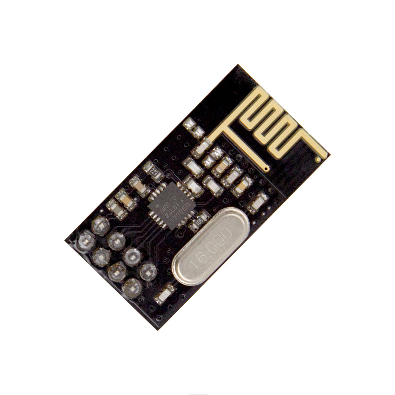 nRF24L01-MOD / The NRF24L01 module is a low-power 2.4 GHz ISM band RF transceiver module designed for short-range wireless communication. It operates in the 2.4–2.4835 GHz frequency range and supports data rates of 250 kbps, 1 Mbps, and 2 Mbps using GFSK modulation. The module works with a supply voltage of 1.9 V to 3.6 V (typically 3.3 V), with transmit current around 11–13 mA and receive current around 13 mA. It provides programmable output power up to 0 dBm and receiver sensitivity down to approximately -94 dBm, enabling communication distances up to ~100 meters in open space depending on configuration.<br><br>
Mechanically, the module integrates the RF IC, 16 MHz crystal oscillator, matching network, and PCB antenna on a compact board (~15 × 29 mm). It features a standard 8-pin interface (VCC, GND, CE, CSN, SCK, MOSI, MISO, IRQ) and communicates via SPI up to 8–10 Mbps. The module supports operation from -40°C to +85°C and is optimized for easy integration without RF design requirements, making it suitable for IoT devices, wireless sensors, remote controls, and embedded systems.