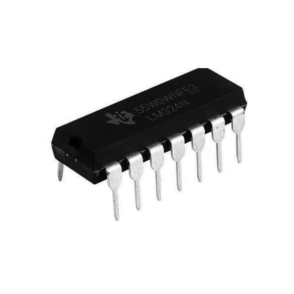 LM324N/NOPB / The LM324N is a quad operational amplifier integrated circuit that contains four independent high-gain op-amps designed to operate from a single power supply. It supports a single supply voltage range of approximately 3 V to 32 V or dual supply operation of ±1.5 V to ±16 V, making it highly versatile for analog circuit applications. The device features low input bias current, low input offset voltage, and internal frequency compensation for stable operation without external components. Its common-mode input voltage range includes ground, enabling easy implementation in single-supply systems. The LM324N offers a typical gain bandwidth of about 1 MHz and low power consumption, making it suitable for amplification, signal conditioning, filtering, comparator circuits, and sensor interface applications. Packaged in a 14-pin PDIP package, the LM324N is widely used in industrial electronics, instrumentation systems, power supplies, embedded systems, and general analog design applications.