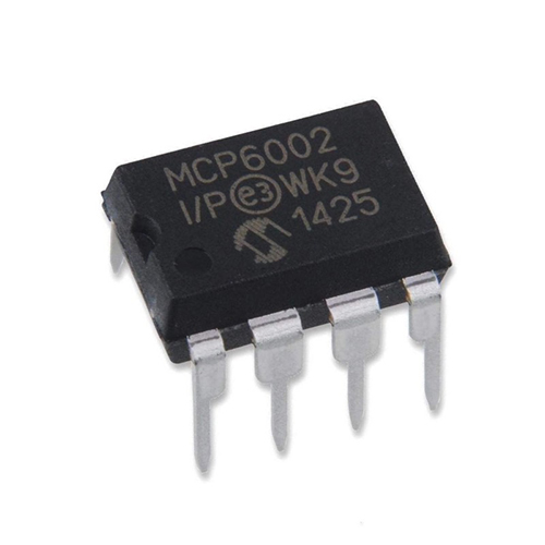 MCP6002-I/P / The MCP6002-I/P is a dual rail-to-rail operational amplifier designed by Microchip for low-power analog signal processing applications. It operates with a single supply voltage from 1.8 V to 6.0 V, making it ideal for battery-powered and low-voltage systems. The device features rail-to-rail input and output capability, enabling maximum dynamic range when operating from low supply voltages. It provides low quiescent current (typically around 100 µA per amplifier) while maintaining stable performance. The MCP6002 includes internal frequency compensation and offers a typical gain bandwidth of about 1 MHz with a slew rate around 0.6 V/µs, making it suitable for sensor signal conditioning, active filters, data acquisition systems, and embedded analog circuits. Packaged in an 8-pin PDIP package, the MCP6002-I/P is widely used in portable electronics, instrumentation, IoT devices, and microcontroller-based systems requiring efficient low-power amplification.