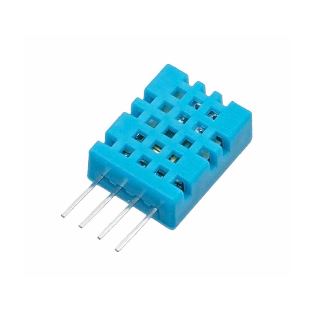 DHT11 / The DHT11 is a low-cost digital temperature and humidity sensor that integrates a calibrated humidity sensing element and an NTC temperature sensor with a built-in 8-bit microcontroller. It operates with a supply voltage of 3.3 V to 5 V and communicates through a single-wire digital interface. The sensor provides humidity measurements in the range of 20% to 80% RH with ±5% accuracy and temperature measurements from 0°C to 50°C with ±2°C accuracy. It has a sampling rate of about 1 Hz and delivers digital output data with no need for additional signal conditioning. The DHT11 is commonly used in HVAC systems, weather stations, home automation, and embedded projects requiring basic environmental sensing.