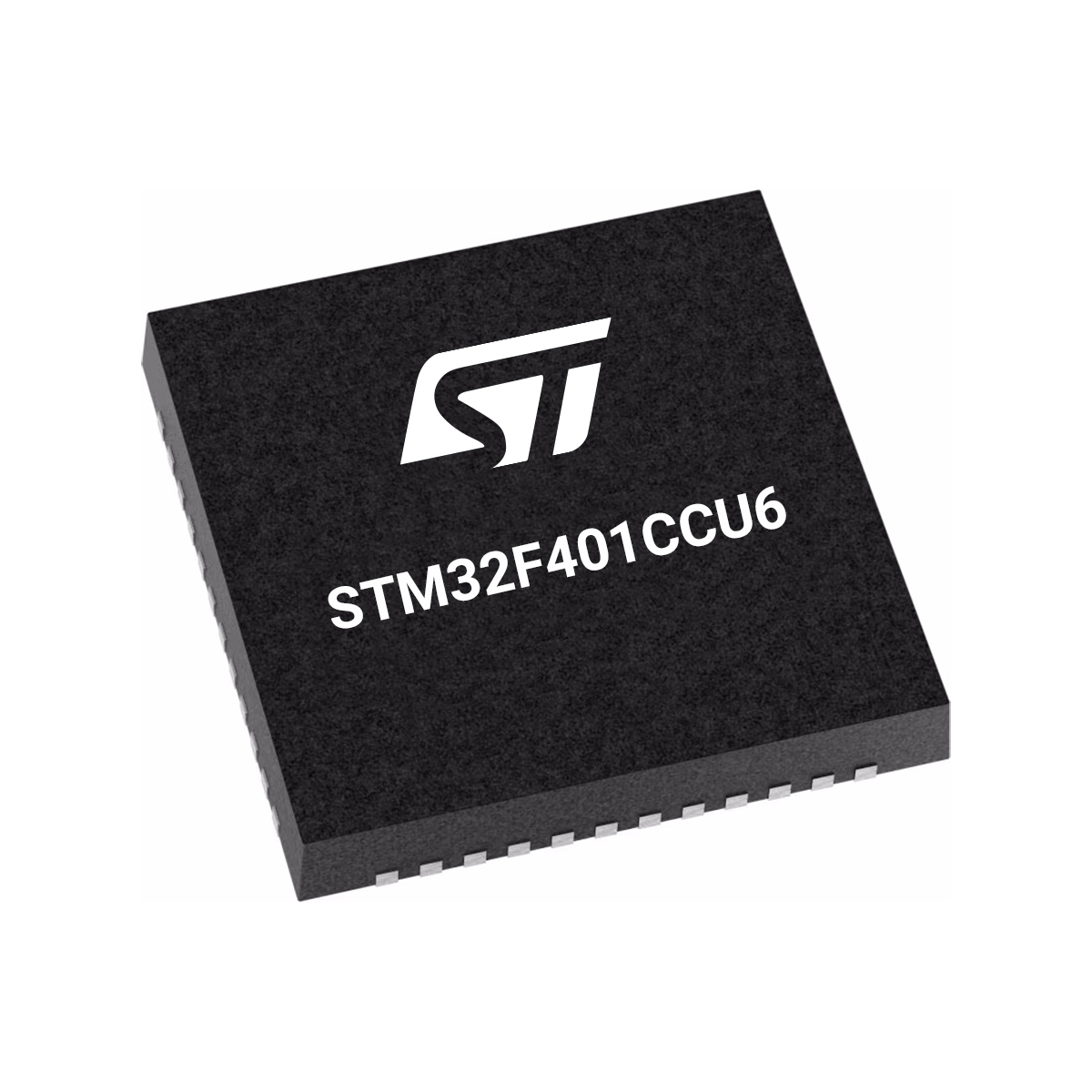 STM32F401CCU6 / The STM32F401CCU6 is a high-performance 32-bit microcontroller based on the ARM Cortex-M4 core with a floating-point unit (FPU), operating at frequencies up to 84 MHz. It works with a supply voltage range of 1.7–3.6 V and is optimized for high computational performance with low power consumption. The device integrates 256 KB of Flash memory and 64 KB of SRAM for program and data storage. It provides up to 37 programmable digital I/O pins and includes a wide range of integrated peripherals such as a 12-bit ADC with multiple channels, advanced and general-purpose timers with PWM capability, and DMA controllers for efficient data transfer. Communication interfaces include USART, SPI, I²C, and USB OTG FS, enabling flexible connectivity for embedded and IoT applications. Additional features include a real-time clock, watchdog timers, internal oscillator options, power-saving modes, and enhanced debugging interfaces, making the device suitable for industrial control, consumer electronics, and advanced embedded system designs.