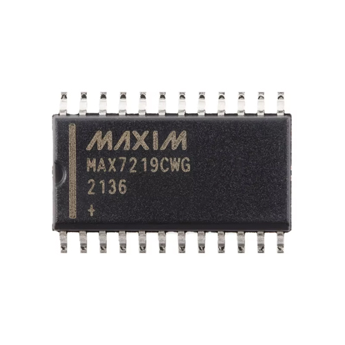 MAX7219CWG / The MAX7219CWG is a compact serially interfaced LED display driver designed to control up to eight 7-segment displays or an 8×8 LED matrix. It operates with a supply voltage range of 4 V to 5.5 V and integrates internal multiplex scan circuitry, segment drivers, digit drivers, and an optional BCD code-B decoder. The device communicates through a simple SPI-compatible serial interface using three control lines (DIN, CLK, and LOAD), enabling efficient microcontroller interfacing. The MAX7219CWG includes a programmable digital intensity control for brightness adjustment and a scan-limit register for flexible display configuration. It provides constant-current LED drive, minimizing external components and ensuring uniform brightness across all segments. The IC is widely used in LED matrix displays, digital clocks, industrial control panels, and embedded display systems.