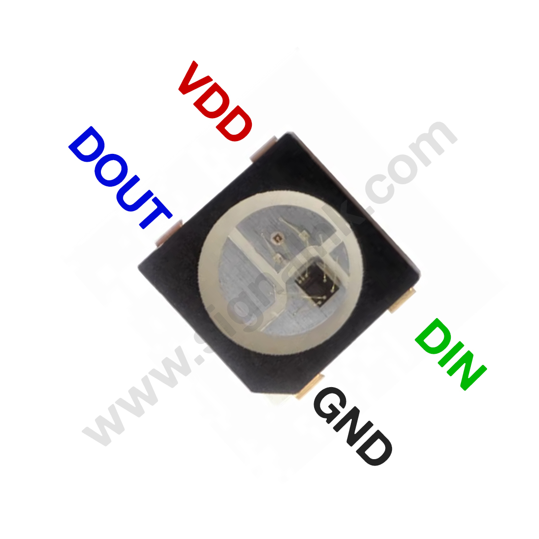 WS2812B-Mini-V3J / The WS2812B-Mini-V3J is a compact intelligent RGB LED that integrates a control IC and RGB LED chip within a 3.5 × 3.5 mm SMD package. It operates with a supply voltage typically around 3.7 V to 5.3 V and uses a single-wire serial communication protocol, allowing multiple LEDs to be cascaded and controlled with minimal wiring.<br><br>
Each LED supports 24-bit color depth (8 bits per channel), enabling over 16 million colors with smooth brightness control. It features built-in signal reshaping and amplification, ensuring reliable data transmission across long LED chains.
<br><br>The device supports data transmission speeds up to 800 Kbps and includes an internal oscillator and constant current control for consistent color output. It is widely used in LED strips, display panels, decorative lighting, wearable electronics, and embedded systems requiring compact, individually addressable RGB lighting.