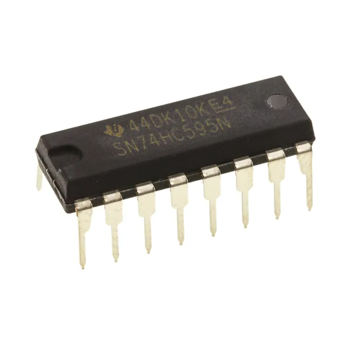 SN74HC595N / Description: The SN74HC595N is an 8-bit serial-in, parallel-out shift register with output latches designed for high-speed CMOS logic applications. It operates with a supply voltage range of 2 V to 6 V and features separate shift register and storage register clocks, allowing data to be shifted in serially and transferred to the output registers simultaneously. The device includes an output enable (OE) input for three-state control and a serial output (QH’) for cascading multiple devices. It provides eight parallel output pins capable of driving standard CMOS loads. The SN74HC595N supports clock frequencies up to approximately 25 MHz at 5 V and offers low power consumption typical of HC logic families. The device is commonly used for expanding microcontroller I/O ports, LED driving, display control, and general digital data storage applications.