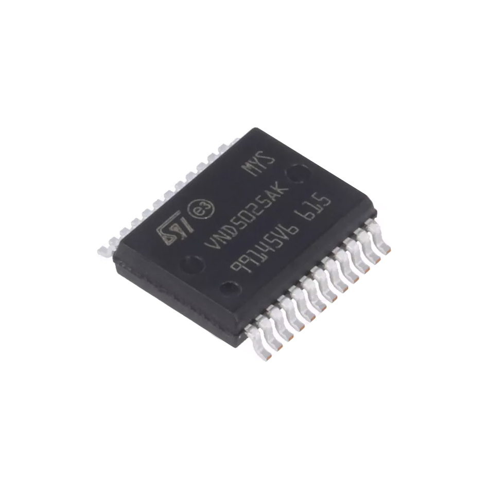 VND5025AK / The VND5025AK is a robust <strong>dual-channel high-side power driver IC</strong> developed by <strong>STMicroelectronics</strong>, designed for driving resistive, inductive, and capacitive loads in automotive and industrial applications. It is built using advanced <strong>VIPower™ M0-5 technology</strong>, providing high efficiency and integrated protection features. <br><br>

This device features <strong>two independent high-side output channels</strong> capable of handling high current loads, with typical current limitation around <strong>41A</strong> and low on-resistance of approximately <strong>25 mΩ</strong>, ensuring efficient power delivery and reduced thermal losses. <br><br>

The VND5025AK operates within a <strong>wide supply voltage range of 4.5V to 36V</strong>, making it suitable for automotive battery systems and industrial power environments. It includes an <strong>integrated analog current sense output</strong>, allowing real-time monitoring of load current for diagnostic and control purposes. <br><br>

Designed for reliability, the device integrates comprehensive protection features such as <strong>overcurrent limitation, thermal shutdown with auto-restart, overvoltage clamp, undervoltage shutdown, reverse battery protection, and ESD protection</strong>, ensuring safe operation under fault conditions. <br><br>

The IC also provides <strong>low standby current and optimized electromagnetic performance</strong>, making it suitable for noise-sensitive automotive electronics. Its architecture supports efficient switching of loads such as motors, relays, lamps, and LED systems. <br><br>

Packaged in a compact <strong>PowerSSO-24 surface-mount package</strong>, the VND5025AK is optimized for high-power PCB layouts and thermal performance. <br><br>

The <strong>VND5025AK</strong> is widely used in <strong>automotive electronics, body control modules, motor drivers, lighting systems, industrial automation, and power distribution applications</strong>, where reliable high-side switching and diagnostic capability are essential.