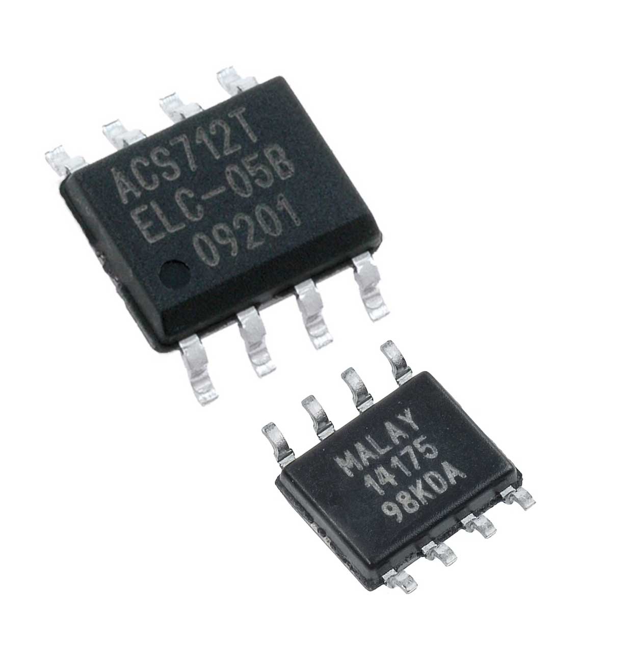 ACS712ELCTR-05B-T / The ACS712ELCTR-05B-T is a Hall-effect based current sensor designed for precise AC and DC current measurement up to ±5 A. It operates with a 5 V supply voltage and provides a ratiometric analog voltage output proportional to the sensed current. The device offers a high sensitivity of approximately 185 mV/A and supports a bandwidth up to 80 kHz, enabling fast response (around 5 µs) for dynamic current monitoring.<BR><BR>It features an integrated low-resistance conductor (~1.2 mΩ) and provides electrical isolation between the current path and signal pins, eliminating the need for external isolation components. The sensor operates over a temperature range of -40°C to +85°C and delivers high accuracy (typically ±1.5%) with low noise characteristics.<BR><BR> The ACS712ELCTR-05B-T is widely used in power monitoring, motor control, overcurrent protection, battery management, and industrial or consumer electronics where compact, isolated current sensing is required.