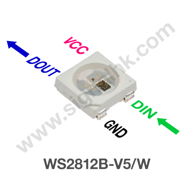 WS2812B-V5/W / The WS2812B-V5/W is a digitally addressable RGB LED that integrates a control IC and RGB LED chip into a single 5050 SMD package. It operates with a supply voltage of approximately 3.5 V to 5.3 V and communicates via a single-wire serial interface, allowing multiple LEDs to be cascaded with minimal wiring. Each LED contains an internal controller and 24-bit color resolution (8 bits per channel for red, green, and blue), enabling over 16 million colors.<br><br>The device includes built-in signal reshaping and amplification, ensuring reliable data transmission over long LED chains. It supports high refresh rates (typically ≥400 Hz) and precise timing control, making it suitable for dynamic lighting effects. The WS2812B-V5/W also features constant current driving for consistent brightness and color uniformity.<br><br>It is widely used in LED strips, decorative lighting, displays, wearables, gaming setups, and embedded systems requiring individually controllable RGB lighting.