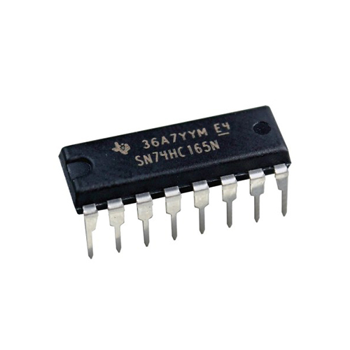 SN74HC165N / The SN74HC165N is an 8-bit parallel-in, serial-out shift register designed for high-speed CMOS logic systems. It operates with a supply voltage range of 2 V to 6 V and allows parallel loading of data through eight input pins followed by serial shifting through the clock input. The device features a clock inhibit input, a serial data input for cascading, and complementary serial outputs (QH and QH̅). It supports clock frequencies up to approximately 25 MHz at 5 V and provides low power consumption typical of HC logic families. The SN74HC165N is commonly used to expand digital input capability for microcontrollers, enabling multiple parallel signals such as switches, sensors, or keypad inputs to be read using a minimal number of microcontroller pins.