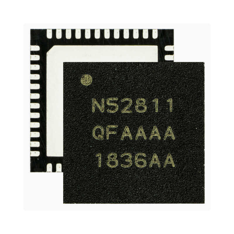 nRF52832-QFAA-R / The nRF52832-QFAA-R is a multiprotocol low-power wireless System-on-Chip from Nordic Semiconductor designed for Bluetooth Low Energy and IoT applications. It integrates a 64 MHz ARM Cortex-M4F processor with floating-point unit and a high-performance 2.4 GHz radio supporting Bluetooth LE, ANT, and proprietary protocols. The device operates from a supply voltage range of 1.7–3.6 V and supports wireless data rates up to 2 Mbps. It integrates 512 KB Flash memory and 64 KB RAM, along with up to 32 GPIO pins and multiple peripheral interfaces including SPI, I²C, UART, I²S, and PWM. The radio provides programmable transmit power up to +4 dBm and receiver sensitivity down to about −96 dBm. Additional features include EasyDMA for efficient data transfers, a 12-bit ADC, NFC-A tag interface, hardware AES encryption accelerator, timers, and advanced power-management modes, making the chip suitable for wearables, smart home devices, industrial sensors, and Bluetooth mesh networks.