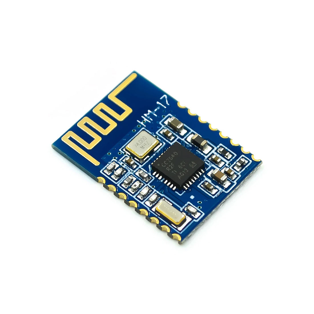 HM-17 / The HM-17 is a Bluetooth Low Energy (BLE) 5.0 module based on the TI CC2640R2F SoC, designed for ultra-low power wireless communication in advanced IoT and embedded applications. It operates in the 2.4 GHz ISM band and supports BLE 5.0 features including extended range, higher data rates, and improved broadcasting capabilities. The module provides a UART interface with AT command support for simple integration, along with multiple GPIOs for flexible control. It supports both central (master) and peripheral (slave) roles, enabling versatile communication topologies. With optimized power consumption and enhanced RF performance, the HM-17 is suitable for applications such as smart home systems, wearable devices, industrial monitoring, and wireless sensor networks.