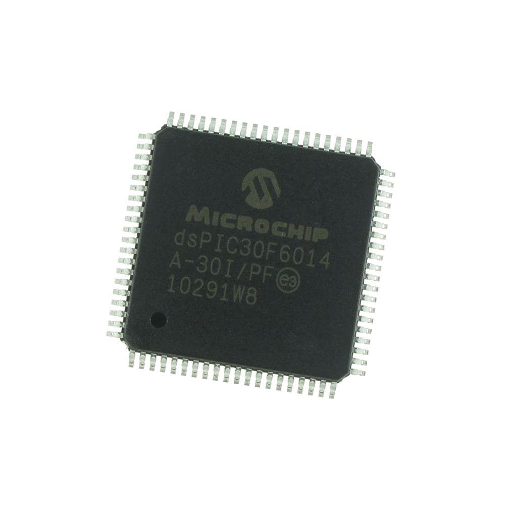 DSPIC30F6014A-30I/PF / The <strong>DSPIC30F6014A-30I/PF</strong> is a high-performance <strong>16-bit Digital Signal Controller (DSC)</strong> developed by <strong>Microchip Technology</strong>, designed for embedded control, industrial automation, motor control, and digital signal processing applications. It combines the benefits of a microcontroller with DSP functionality, making it suitable for systems that require both fast computation and real-time peripheral control.<br><br>It delivers performance up to <strong>30 MIPS</strong> and integrates <strong>144KB Flash program memory</strong>, <strong>8KB RAM</strong>, and <strong>4KB EEPROM</strong>, providing sufficient memory space for complex firmware and control algorithms. Its architecture is optimized for efficient arithmetic processing, high-speed interrupt handling, and deterministic operation in demanding embedded designs.<br><br>The device includes a rich set of on-chip peripherals such as a <strong>16-channel 12-bit ADC</strong>, communication interfaces, timers, PWM modules, and input capture/output compare functions, allowing direct integration into motion control, power conversion, and sensing applications. This makes it especially effective in designs where precise timing and mixed-signal control are required.<br><br>Operating over a supply range of approximately <strong>2.5V to 5.5V</strong>, the DSPIC30F6014A-30I/PF is available in a compact <strong>80-pin TQFP surface-mount package</strong> and the <strong>-30I</strong> industrial grade is specified for operation from <strong>-40°C to +85°C</strong>. These characteristics make it suitable for reliable long-term use in industrial and embedded hardware platforms.<br><br>The <strong>DSPIC30F6014A-30I/PF</strong> is widely used in <strong>motor drives, industrial controllers, power management systems, instrumentation, embedded automation products, and DSP-based control systems</strong> where robust 16-bit processing and integrated analog control features are required.
