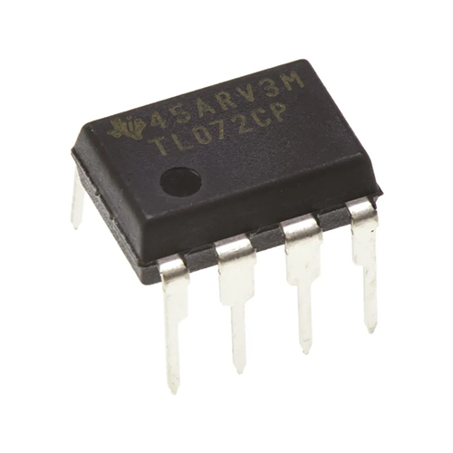 TL072CP / The TL072CP is a dual low-noise JFET-input operational amplifier designed for high-performance analog signal processing and audio applications. It operates with a supply voltage range of ±5 V to ±18 V (10 V to 36 V total) and features very high input impedance and low input bias current due to its JFET input stage. The device offers low noise, low distortion, and a typical gain bandwidth of about 3 MHz with a slew rate of approximately 13 V/µs, making it suitable for high-fidelity signal amplification. Internal frequency compensation ensures stable operation while maintaining good dynamic performance. The TL072CP is widely used in audio preamplifiers, active filters, signal conditioning circuits, instrumentation, and general analog applications where low noise and high input impedance are required. Packaged in an 8-pin PDIP package, it is commonly used in both professional and consumer electronic designs.
