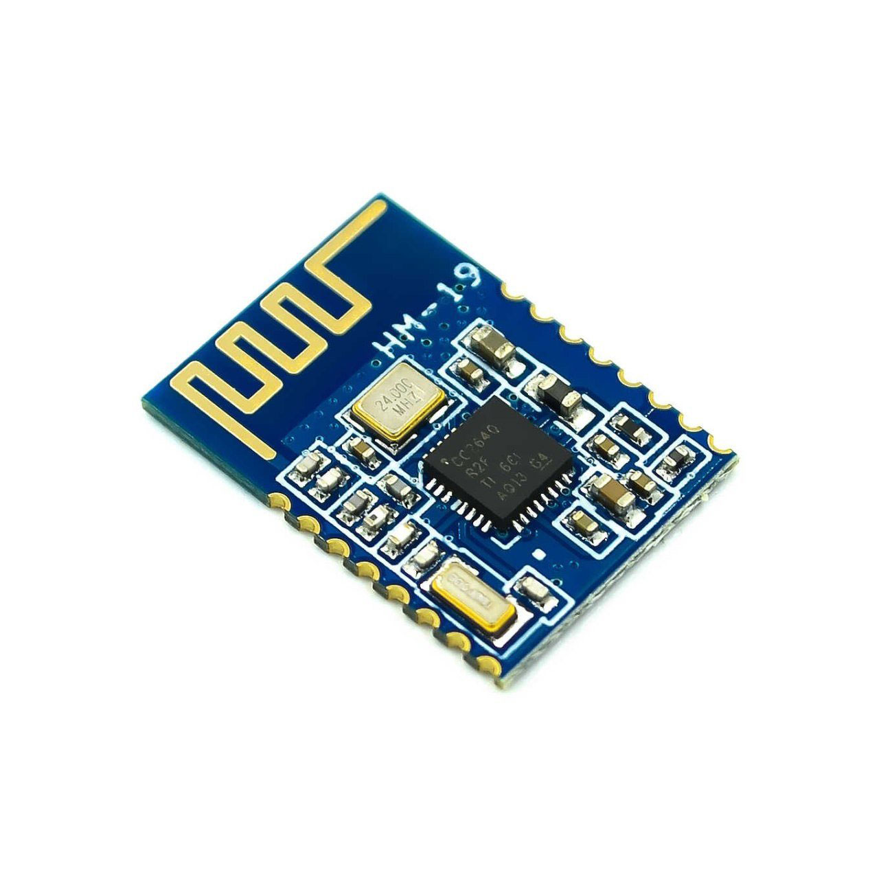 HM-19 / The HM-19 is a Bluetooth Low Energy (BLE) 5.0 module based on the TI CC2640R2F SoC, designed for ultra-low power wireless connectivity in advanced IoT and embedded applications. It operates in the 2.4 GHz ISM band and supports BLE 5.0 features including extended range, increased data rates, and improved broadcast performance. The module provides a UART interface with AT command support for simple integration with microcontrollers and includes multiple GPIOs for flexible system control. It supports both central (master) and peripheral (slave) modes, enabling versatile communication topologies. With optimized power efficiency and stable RF performance, the HM-19 is suitable for applications such as smart home systems, wearable electronics, industrial automation, and wireless sensor networks.