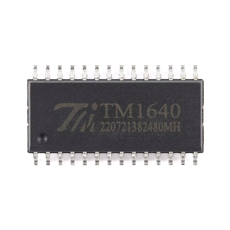TM1640 / The TM1640 is an LED display driver IC designed for controlling multi-digit 7-segment displays and LED matrices. It operates with a supply voltage of 3.3 V to 5.5 V and uses a 2-wire serial interface (CLK, DIN) for communication with a microcontroller. The device supports up to 16 digits × 8 segments (128 LEDs), includes 8-level PWM brightness control, and features an internal RC oscillator (~450 kHz), power-on reset, and automatic blanking function for stable operation.
<br><br>
Mechanically, the TM1640 is housed in a SOP-28 surface-mount package, integrating segment and grid drivers internally to minimize external components. It supports common cathode display configurations and operates in a temperature range typically from -40°C to +85°C, making it suitable for compact display modules in applications such as digital panels, electronic scales, and consumer electronics.