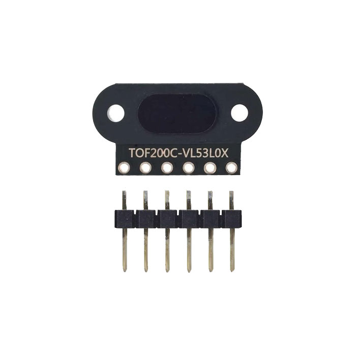 TOF200C-VL53L0X / The TOF200C-VL53L0X is a compact laser-based distance measurement module built around the VL53L0X Time-of-Flight (ToF) sensor from STMicroelectronics. It provides precise, real-time distance measurement by calculating the time it takes for emitted infrared light to reflect back from a target object.<br><br>The module supports a measurement range from approximately 3 cm up to 200 cm, with a typical resolution of up to 1 mm under optimal conditions. Its laser-based sensing ensures accurate readings regardless of object color or ambient light conditions, making it superior to traditional IR distance sensors.<br><br>Designed for easy integration, the TOF200C communicates via an I2C interface and supports programmable addressing, allowing multiple sensors to be used on the same bus. It operates with a supply voltage of 3V to 5V and typically consumes around 40 mA during operation.<br><br>The module features a field of view of approximately 25° and includes additional capabilities such as basic gesture detection and interrupt output for event-driven applications.<br><br>With its small footprint, high accuracy, and robust performance, the TOF200C-VL53L0X is widely used in applications such as robotics, obstacle avoidance, drones, gesture recognition, smart devices, and industrial automation systems where precise distance sensing is required.