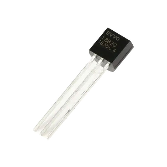 DS18B20-EV / The DS18B20-EV is a reliable <strong>digital temperature sensor</strong> developed by <strong>EVVO</strong>, designed for accurate temperature measurement in embedded and industrial applications. It utilizes a <strong>1-Wire communication interface</strong>, allowing multiple sensors to operate on a single data line, simplifying system wiring and reducing complexity. <br><br>The device provides <strong>programmable resolution from 9-bit to 12-bit</strong>, enabling precise temperature readings with high accuracy. It supports a wide measurement range of approximately <strong>-55°C to +125°C</strong>, making it suitable for various environmental and industrial monitoring applications. <br><br>The DS18B20-EV operates with a supply voltage of <strong>2.5V to 5.5V</strong> and supports <strong>parasite power mode</strong>, allowing it to be powered directly from the data line without requiring an external power supply, which is ideal for remote sensing setups. <br><br>Each sensor includes a <strong>unique 64-bit serial code</strong>, enabling multiple devices to be connected on the same bus without address conflicts, making it ideal for distributed temperature sensing systems. <br><br>The device integrates <strong>temperature conversion, alarm functionality, and non-volatile memory</strong>, reducing the need for external components and improving overall system efficiency. <br><br>Packaged in a standard <strong>TO-92 through-hole form factor</strong>, the DS18B20-EV is easy to use in both prototyping and production environments. It is compatible with standard PCB assembly processes and widely used in development platforms. <br><br>The <strong>DS18B20-EV</strong> is widely used in applications such as <strong>HVAC systems, industrial temperature monitoring, IoT devices, environmental sensing, home automation, and embedded control systems</strong>, where accurate, low-cost, and easy-to-integrate temperature sensing is required.